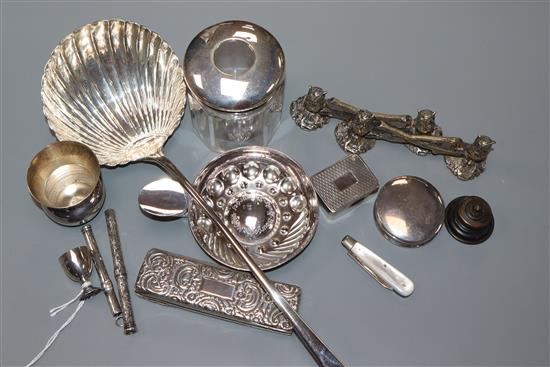 A George III silver Old English pattern soup ladle, London, 1781 and thirteen other items.